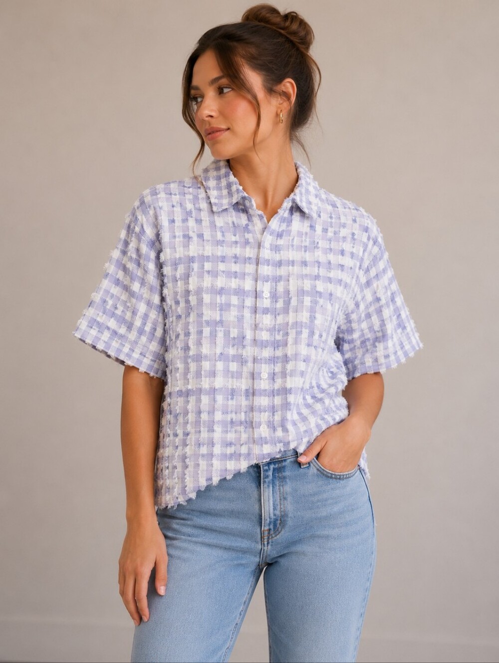 Ali Miles Lavender and White Gingham Frayed Button-Down Top PL‎